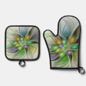 Colorful Fantasy Flower Modern Abstract Fractal Ofenhandschuh & Topflappen-Set (Vorderseite)