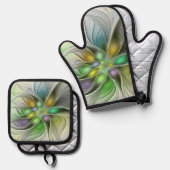 Colorful Fantasy Flower Modern Abstract Fractal Ofenhandschuh & Topflappen-Set (Vorderseite/Rückseite)