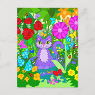 Colorful Fantasy Garden Smiling Cat Butterflies Postkarte
