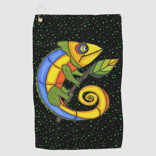Colorful Fantasy Lizard Holding Twig Leaf Dots Golfhandtuch (Vorderseite)