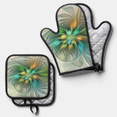 Colorful Fantasy Modern Abstract Flower Fractal Ofenhandschuh & Topflappen-Set (Vorderseite/Rückseite)