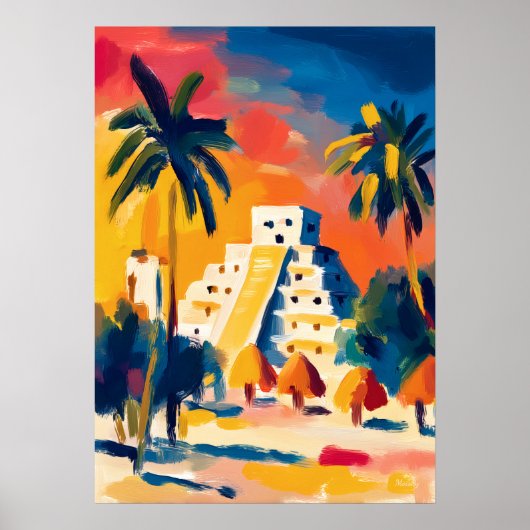 Colorful Fauvist Chichen Itza Pyramid Art Poster (Vorne)