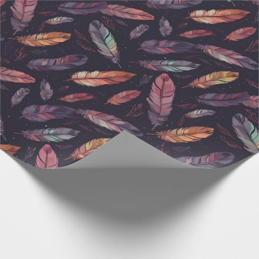 Colorful Feather Pattern on Black Background Geschenkpapier (Ecke)