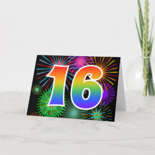 Colorful Fireworks + Rainbow Pattern "16" Event # Karte