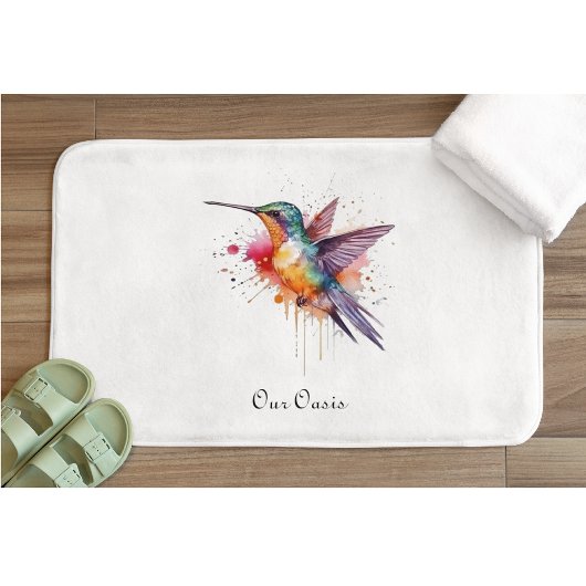 Colorful Flight, watercolor hummingbird custom Badematte