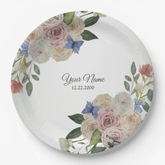 Colorful Floral Blue Butterfly Green Wedding Party Pappteller (Vorderseite)