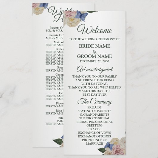 Colorful Floral Blue Butterfly Green Wedding  Programm (Vorne/Hinten)