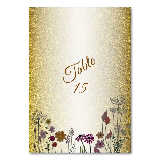 Colorful Floral Garden Gold Glitter Wedding Party Tischnummer (Vorderseite)
