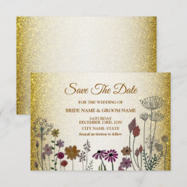 Colorful Floral Garden Golden Glitter Wedding Save The Date