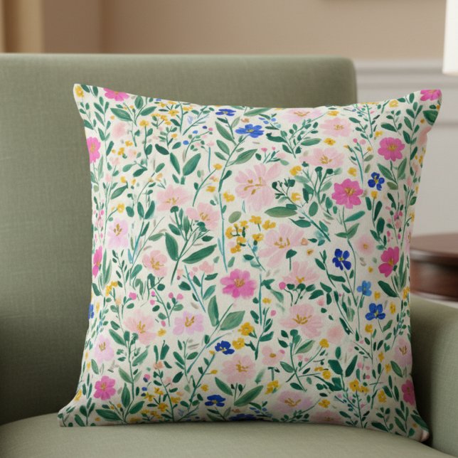 Colorful Floral Garden Throw Pillow Kissen (girly preppy colorful floral wildflower throw pillow)