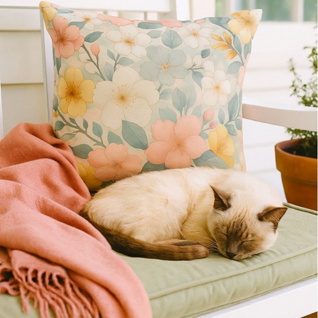 Colorful Floral on Light Gray  Kissen (Cozy moments on the porch with floral throw pillow and your cat )