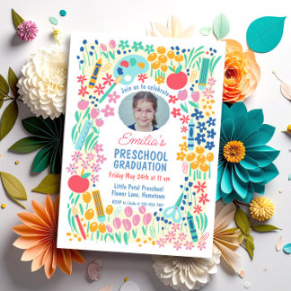 Colorful Floral Photo Preschool Graduation Einladung