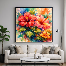 Colorful Floral Watercolor Style Hibiscus Art Poster