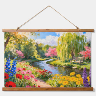 Colorful Flower Garden River Spring Landscape Art Wandteppich Mit Holzrahmen