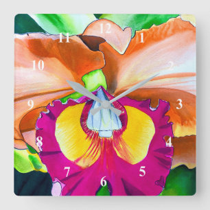 Colorful flower orchid watercolor art quadratische wanduhr