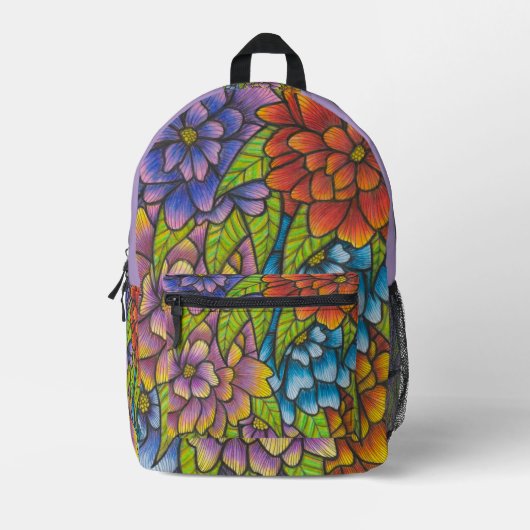Colorful Flower Print Backpack With Light Purple Bedruckter Rucksack (Vorderseite)