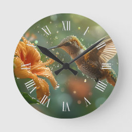 Colorful Flowers and Elegant Hummingbirds Runde Wanduhr