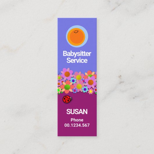 Colorful Flowers Cute Ladybug Babysitter Mini Visitenkarte (Vorderseite)
