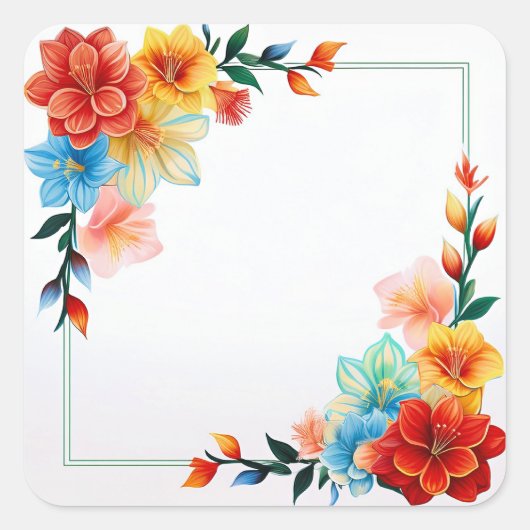 Colorful Flowers Frame Quadratischer Aufkleber (Vorderseite)