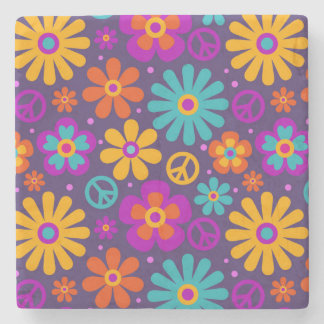 Colorful Flowers Peace Love Groovy Retro Hippie Steinuntersetzer