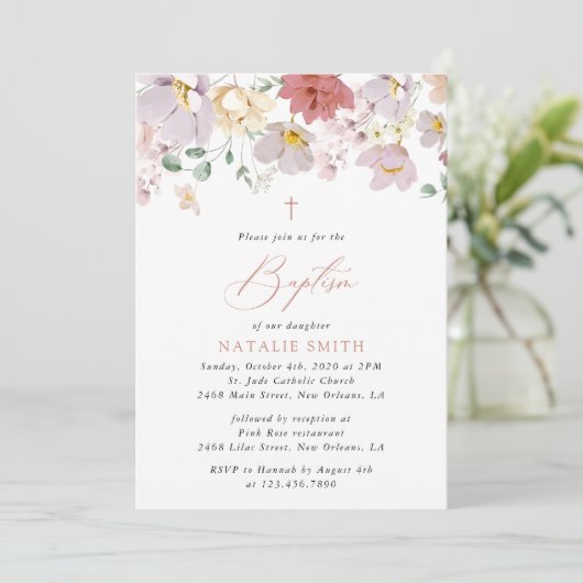 Colorful Flowers, Wildflowers, Boho, Baptism Einladung (Stehend Vorderseite)