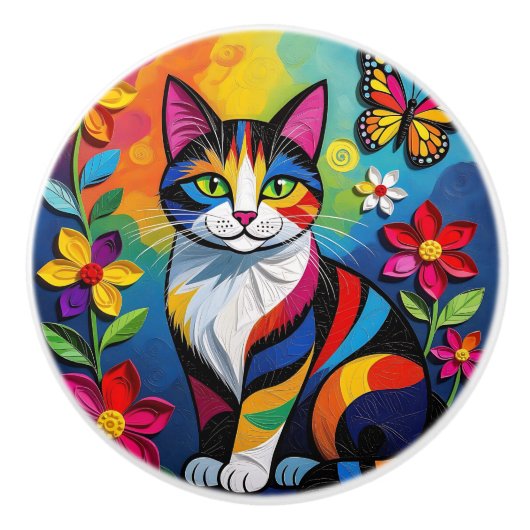 Colorful Folk Art Cat   Keramikknauf (Vorderseite)
