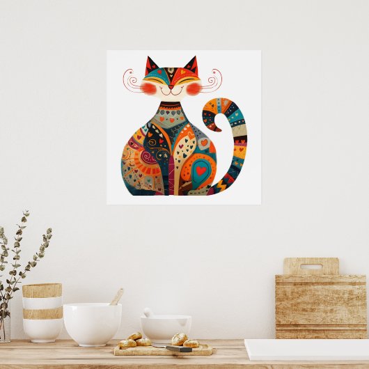 Colorful Folk Cat Poster (Küche)
