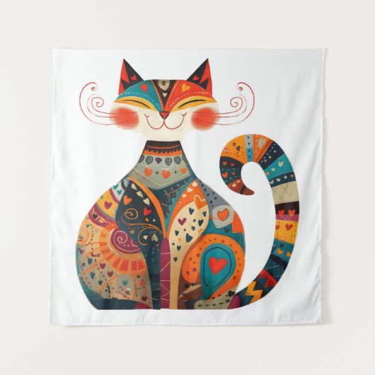 Colorful Folk Cat Wandteppich (Vorderseite)