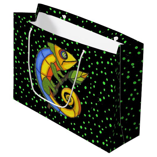 Colorful Fun Lizard Branch Dots Große Geschenktüte (Vorderseite Schrägansicht)