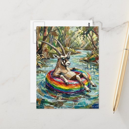 Colorful Funny Oryx on a Float Trip Postkarte (Vorderseite/Rückseite Beispiel)