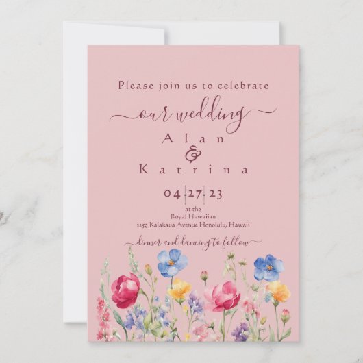 Colorful Garden Boho Wildflower On Pink Einladung (Vorderseite)