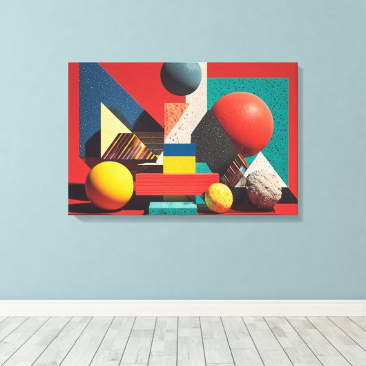 Colorful Geometric Shapes on Red Background Leinwanddruck (Insitu (Holzboden))