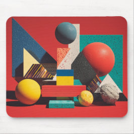 Colorful Geometric Shapes on Red Background Mousepad