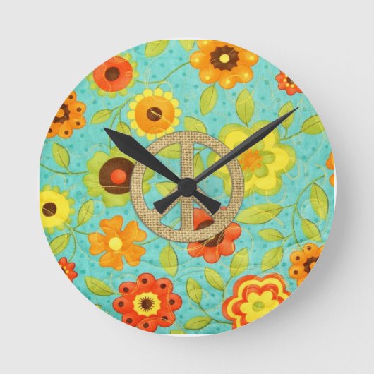 Colorful Girly Groovy Peace Floral Print Runde Wanduhr (Vorderseite)