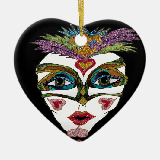 Colorful Glitter Feather Mask Keramik Ornament (Vorne)