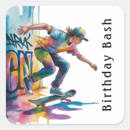 Colorful Graffiti Boy Birthday Bash Quadratischer Aufkleber