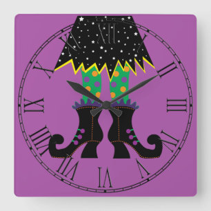 Colorful Halloween Funny Witch Feet Quadratische Wanduhr