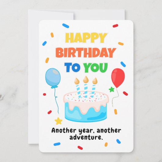 Colorful Happy Birthday Card with Balloons & Cake Einladung (Vorderseite)