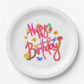 Colorful Happy Birthday Floral & Butterfly Party Pappteller (Vorderseite)