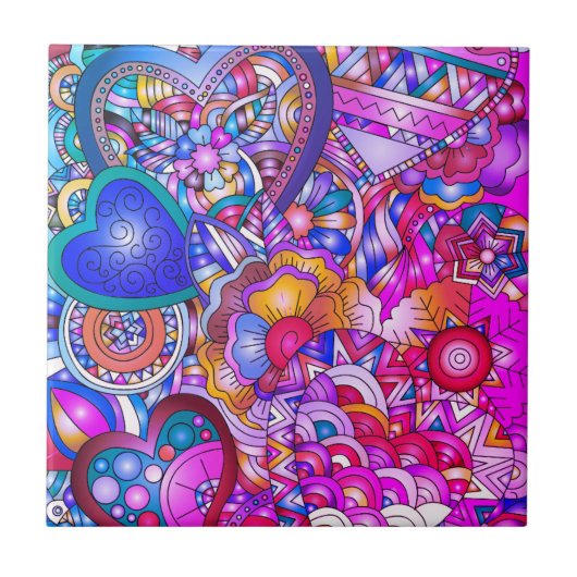 Colorful Hearts and Flowers Abstract Art Fliese (Vorderseite)