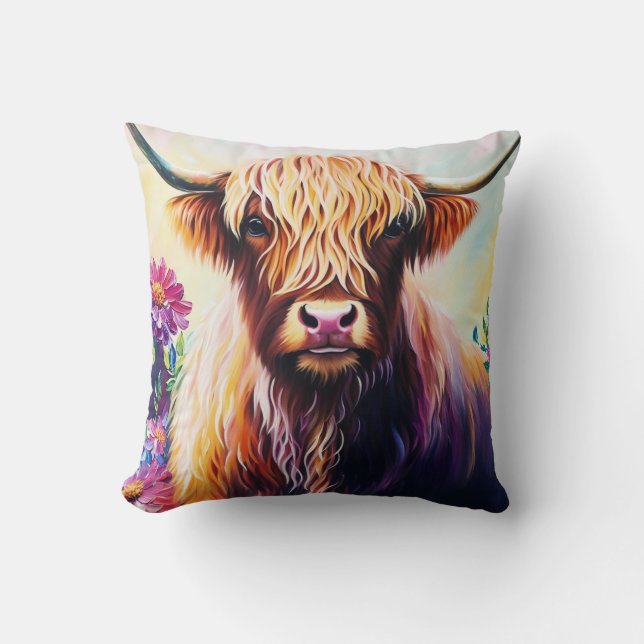 Colorful Highland Cow Floral Art Kissen (Vorderseite)