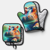 Colorful Hippo Ofenhandschuh & Topflappen-Set (Vorderseite/Rückseite)