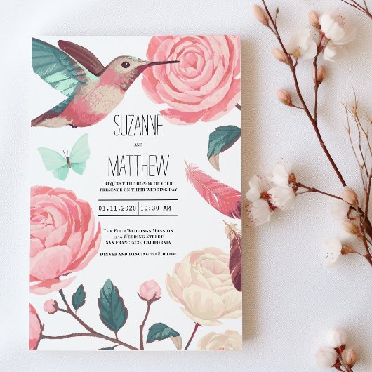Colorful Hummingbird Floral Spring Wedding Einladung