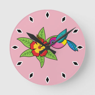 Colorful Hummingbird on Hibiscus Tropical Flower Runde Wanduhr