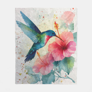 Colorful Hummingbird Pink Floral Watercolor Blanke Fleecedecke