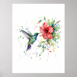 Colorful Hummingbird Watercolor Floral Nature Art Poster