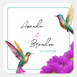Colorful Hummingbirds Purple Daisies Wedding Quadratischer Aufkleber