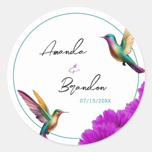 Colorful Hummingbirds Purple Daisies Wedding Runder Aufkleber (Vorderseite)