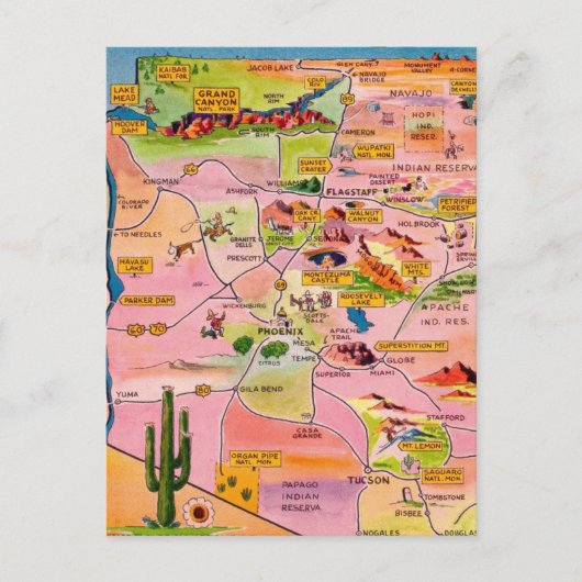 Colorful Illustrated Arizona Map Postcard Postkarte (Vorderseite)