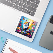 Colorful Impasto Cat, Flowers and Butterflies Aufkleber (Laptop mit iPhone)